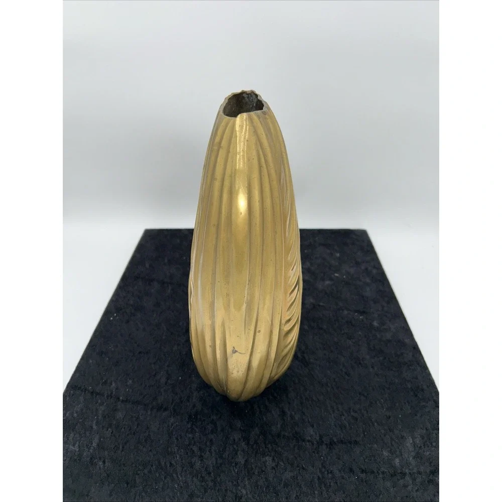 Large Solid Brass Vase Made In India Vintage Modern Gold Vessel Waves Patina